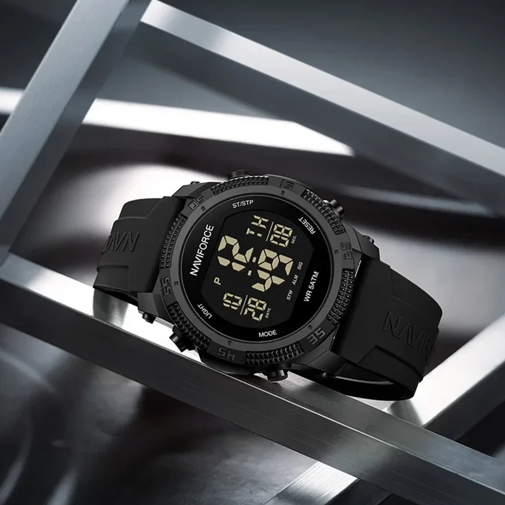 Naviforce 7104 digital men's fashion watch with black strap and display, featuring a sleek modern design.