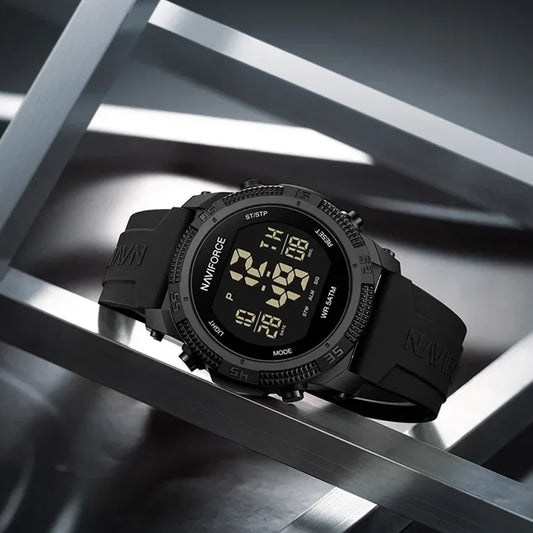 Naviforce 7104 digital men's fashion watch with black strap and display, featuring a sleek modern design.