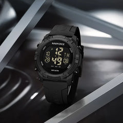 Naviforce 7104 digital men's fashion watch in black with a sleek display and modern design.
