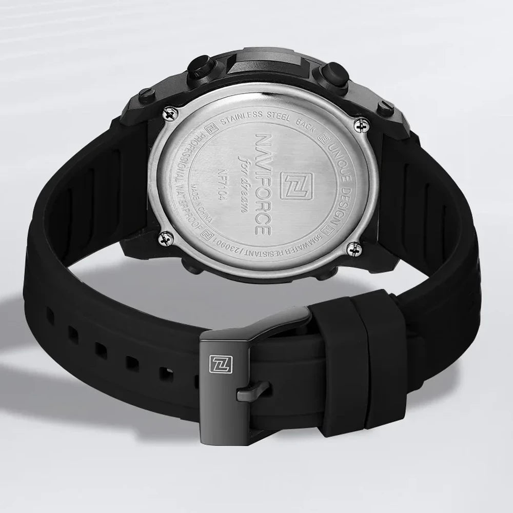 Naviforce 7104 digital men's fashion watch in black with a sleek display and modern design.