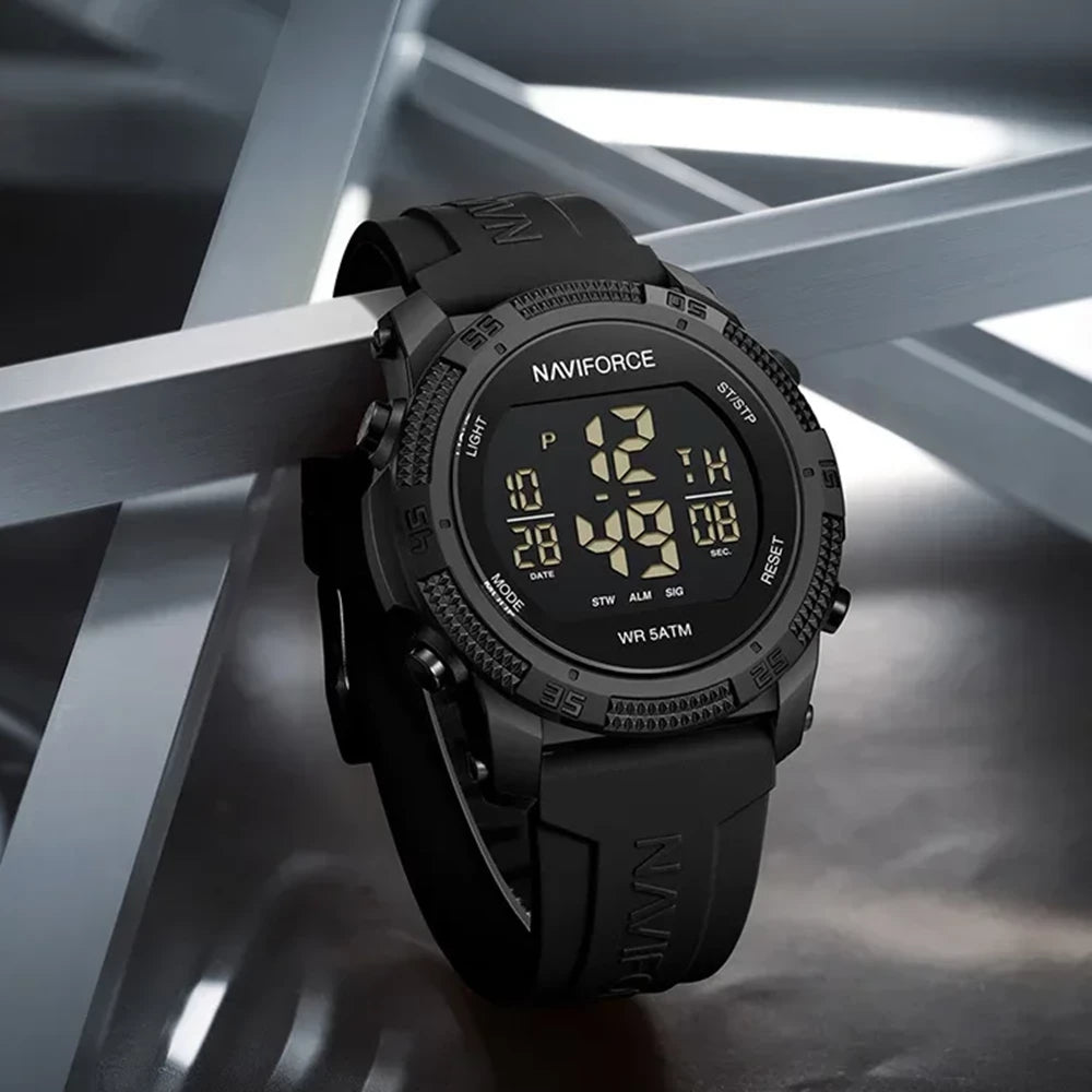 Naviforce 7104 digital men's fashion watch in black with a sleek display and sporty design.