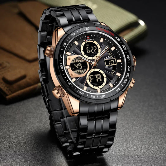 Naviforce NF8020S stainless steel men's quartz watch with black dial and silver strap, showing time on the watch face.
