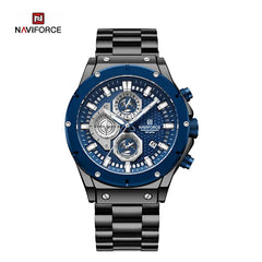 Naviforce NF8026 men's chronograph quartz watch with black dial and stainless steel band, showing time and chronograph features.