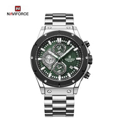 Naviforce NF8026 men's chronograph quartz watch with black dial, silver case, and black strap, featuring multiple subdials and sporty design.