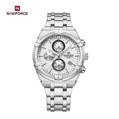 Naviforce NF8042 men's multi-function chronograph watch with black dial and stainless steel band displayed on white background.