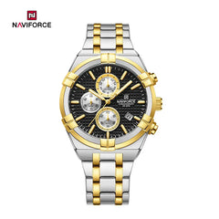 Naviforce NF8042 men's multi-function chronograph watch with black dial and stainless steel band, showcasing multiple dials and sleek design.