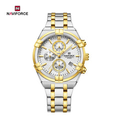 Naviforce NF8042 men's multi-function chronograph watch displaying a black dial with multiple subdials and stainless steel band.