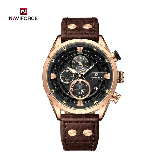 Naviforce NF8045 vintage sports men's wristwatch with a black dial and stainless steel band, stylish and durable timepiece.
