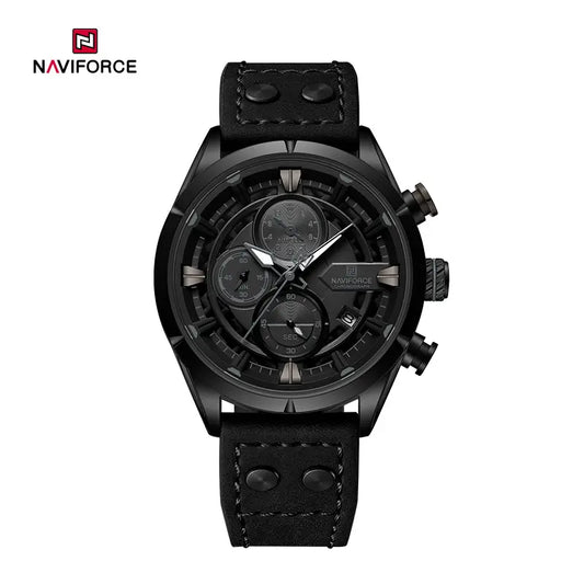 Naviforce NF8045 vintage sports men's watch with black dial, silver-tone case, and leather strap, showcasing a stylish timepiece.
