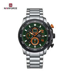 Naviforce NF8047 men's chronograph watch with black dial, silver case, and leather strap, showcasing detailed timekeeping features.