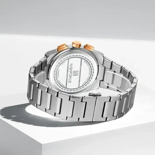 Naviforce NF8048 men's watch featuring a classic, stylish design with a round dial and stainless steel band.