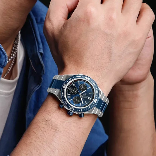 Naviforce NF8049 men's trendy watch with black dial and silver stainless steel band, stylish men's wristwatch.
