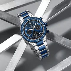 Naviforce NF8049 men's trendy watch with black dial, silver strap, and modern design, showcasing a stylish men's wrist watch.