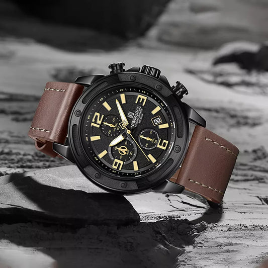 Naviforce NF8074 men's fashion watch with a black and brown dial, featuring a sleek design and durable strap.