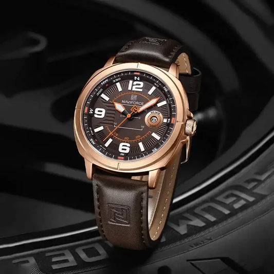 Naviforce NF8078 men's fashion quartz watch with black dial and silver stainless steel band, stylish men's wristwatch.
