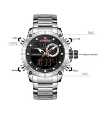Naviforce NF9163 men's military sport digital analog watch with black strap and multi-function display.