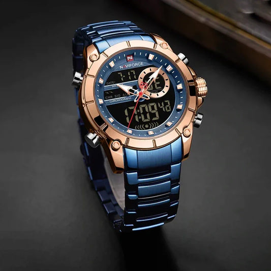 Naviforce NF9163 men's military sport digital and analog watch with black strap and rugged design.