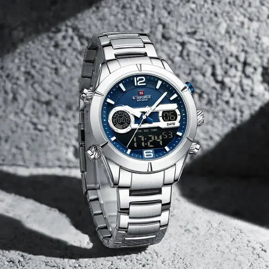Naviforce NF9232 men's sport outdoor watch with dual display and multi-function design, featuring a sleek black band and digital interface.