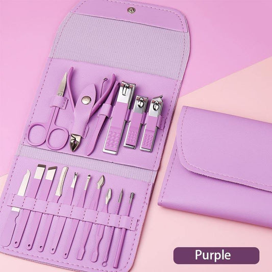 Set of 16 stainless steel nail cutters and scissors for pedicure and nail polishing, by Tarjah Mart, arranged on a white background.