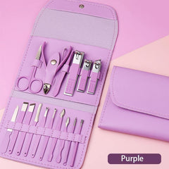 Set of 16 stainless steel nail cutters and scissors for pedicure and nail polishing, by Tarjah Mart, arranged on a white background.