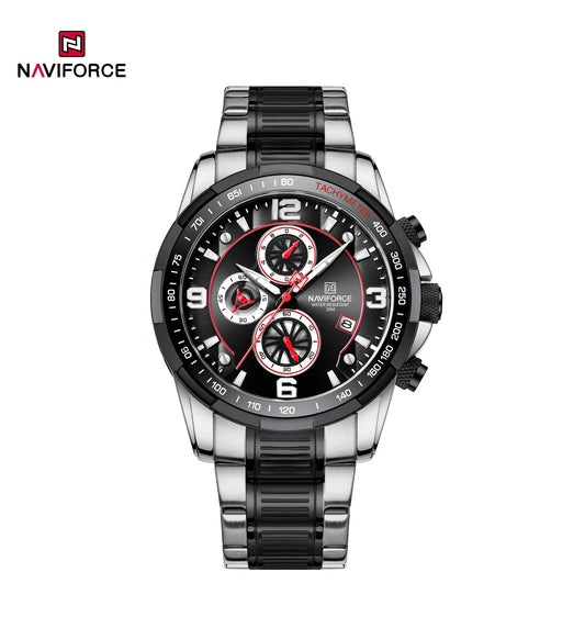 Men's Naviforce NF8020S stainless steel quartz watch with black dial and silver strap, stylish and durable timepiece.