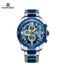Naviforce NF8020S stainless steel men's quartz watch with a sleek silver dial and metal strap.
