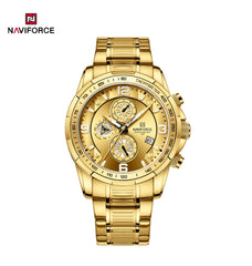 Naviforce NF8020S men's stainless steel quartz watch with black dial and silver band, showcasing a sleek, modern design.