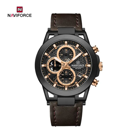 Naviforce NF8073 men's fashion watch with black dial, silver stainless steel band, and multiple chronograph subdials.