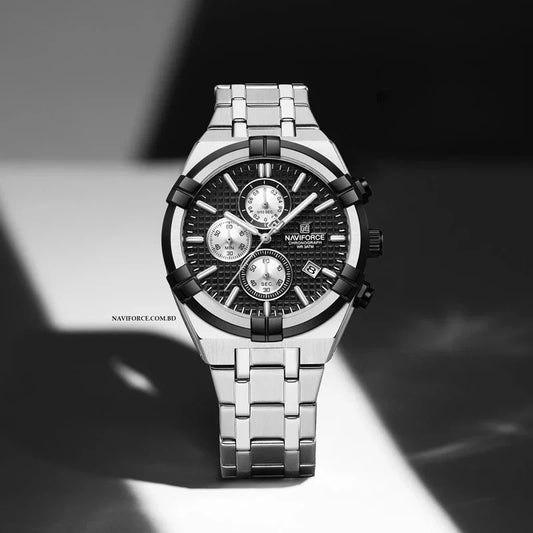 Naviforce men's multi-function chronograph watch with black dial and metal strap, showcasing detailed dial and chronograph features.