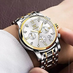 OLEVS men's blue dial quartz watch with stainless steel strap, classic design, and round face.