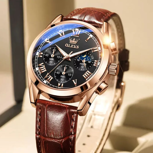 OLEVS men's quartz watch with a black and brown dial, featuring a sleek design and classic style.
