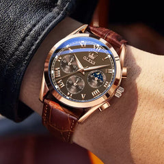 OLEVS 2871 men's quartz watch with a black dial and brown leather strap, stylish men's wristwatch by OLEVS.