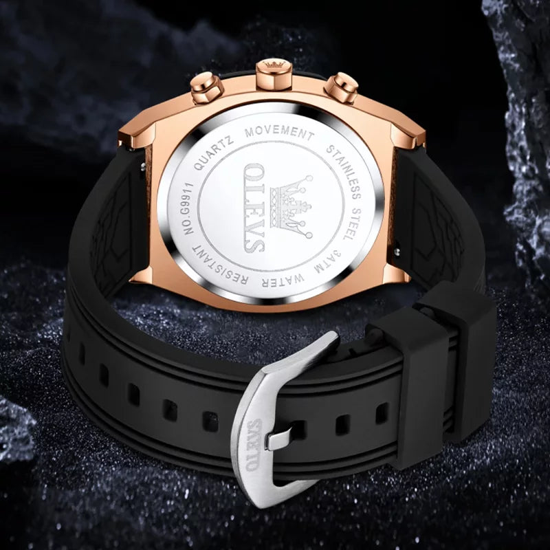 OLEVS 9911 Sport Quartz Watch Gift Round-dial Silicone Watchband - Black and Siver