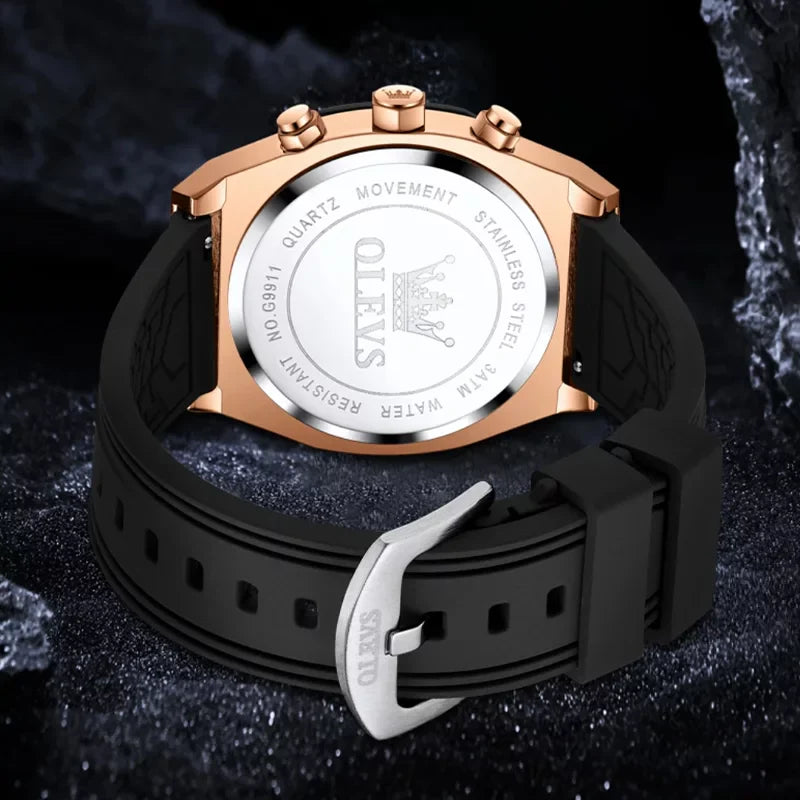 OLEVS men's sport quartz wristwatch with round dial, black and brown silicone band, featuring moon phase design.