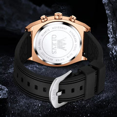 OLEVS men's sport quartz wristwatch with round dial, black and brown silicone band, featuring moon phase design.