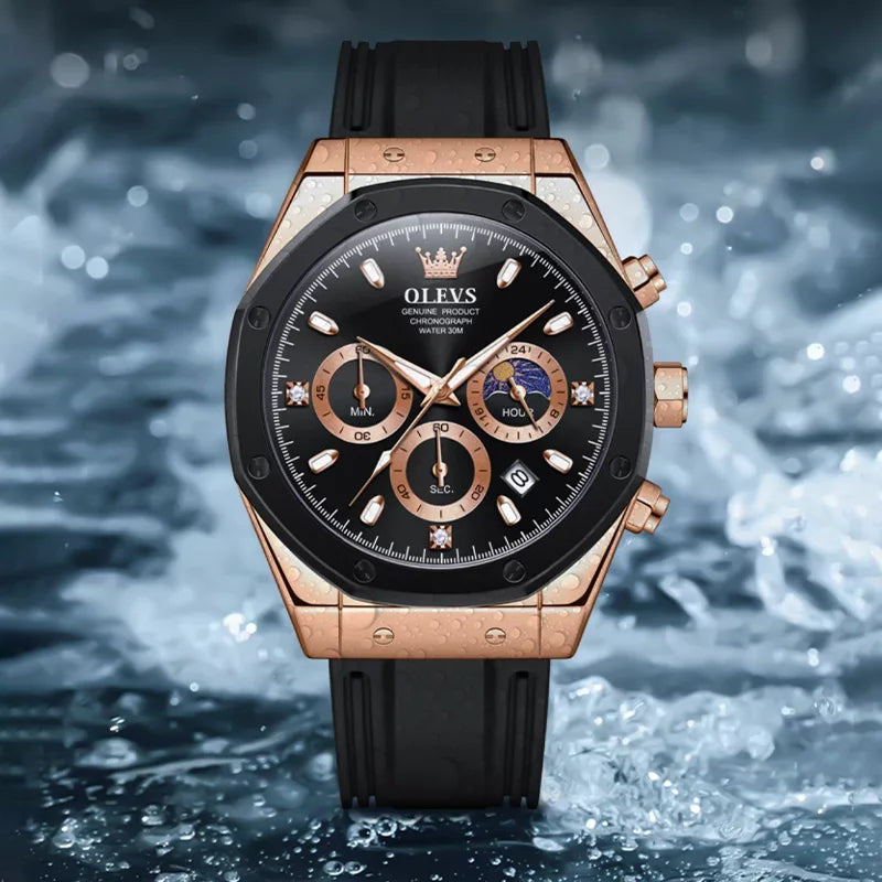 OLEVS 9911 Sport Quartz Watch Gift Round-dial Silicone Watchband Wristwatch Moon