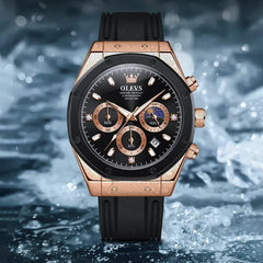 OLEVS 9911 men's sport quartz wristwatch with round dial, silicone band, black and brown color, featuring moon phase design