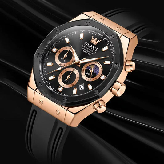 OLEVS 9911 men's sport quartz wristwatch with round dial, black and brown silicone band, featuring moon design.