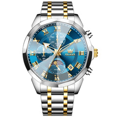 OLEVS 3675 men's luxury quartz watch with gold and blue dial, showcasing a stylish men's wristwatch design.