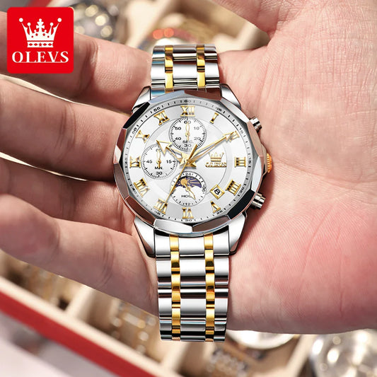 OLEVS men's luxury quartz watch with a sleek dial and metal band, showcasing elegant design and craftsmanship.