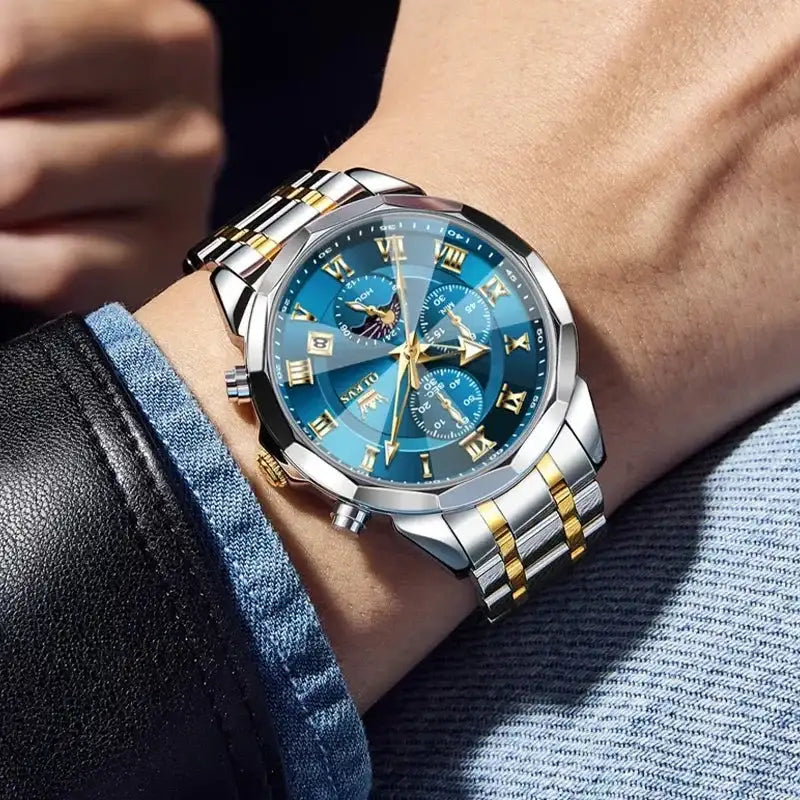 Olevs 5563 men's blue watch with round dial, stainless steel case, and black leather strap, displayed on a white background.