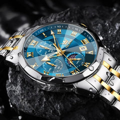 OLEVS 3675 men's luxury quartz watch with stainless steel band and black dial, stylish men's watch from OLEVS.