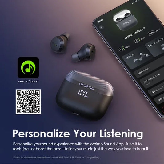 Oraimo AirBuds 4 ENC true wireless earbuds with charging case, black, shown from front view in the image.