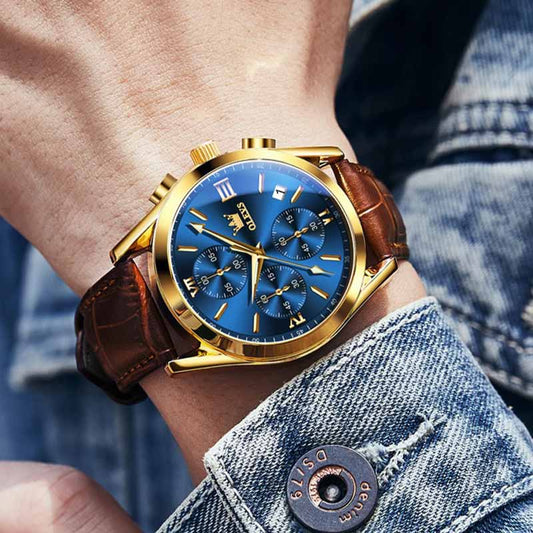 OLEVS 2872 men's classic leather quartz watch with round dial and leather strap, stylish men's wristwatch.