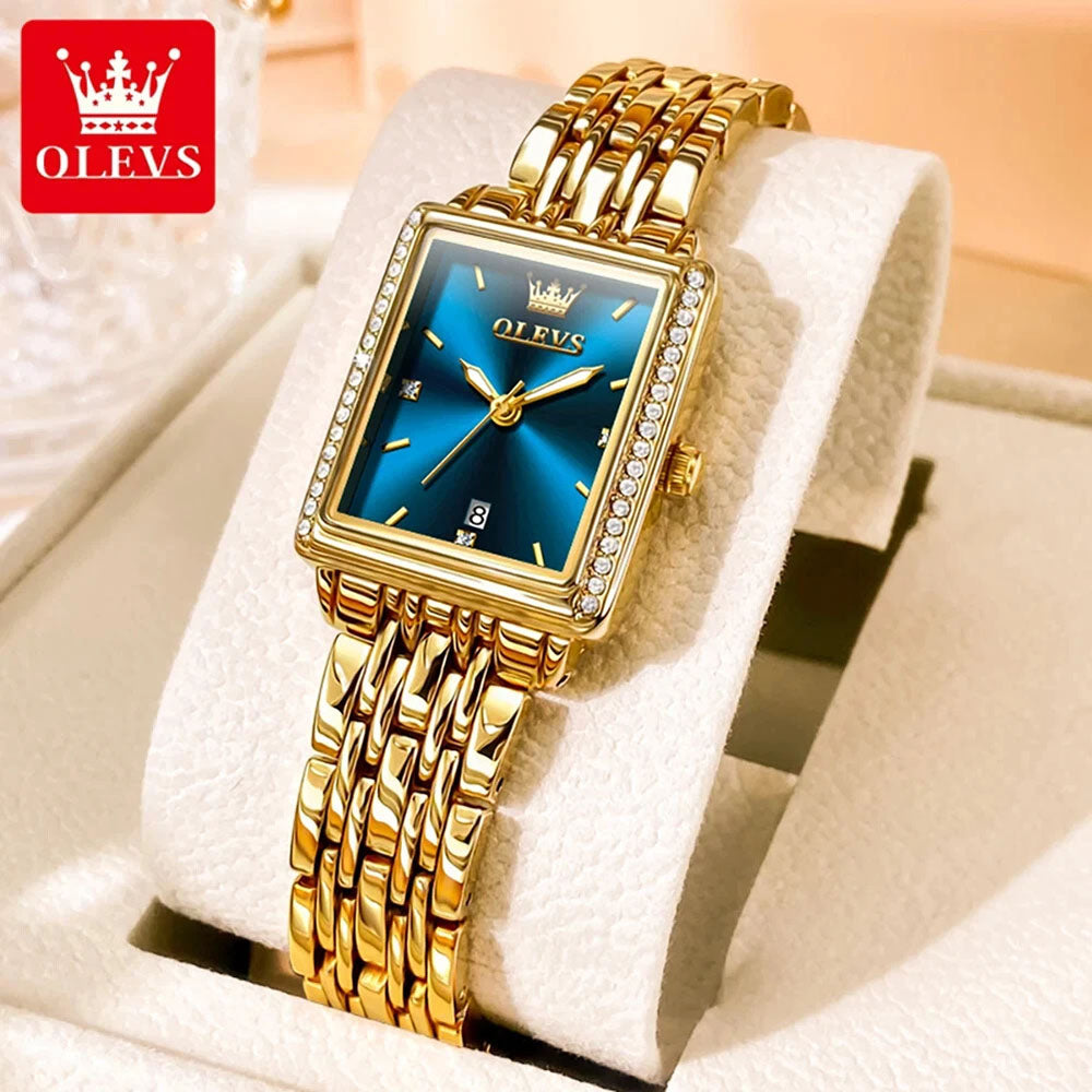 OLEVS 9995 elegant quartz women's watch with a blue dial and sleek design, showcasing a stylish women’s wristwatch.