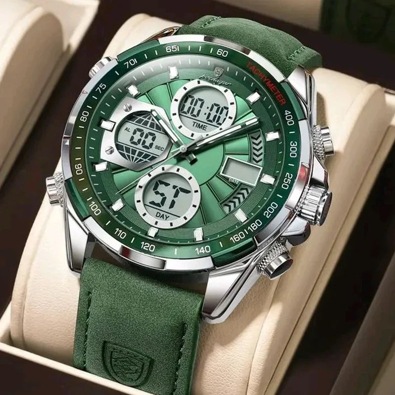 POEDAGAR E108 Men's Dual Display Leather Strap Watch