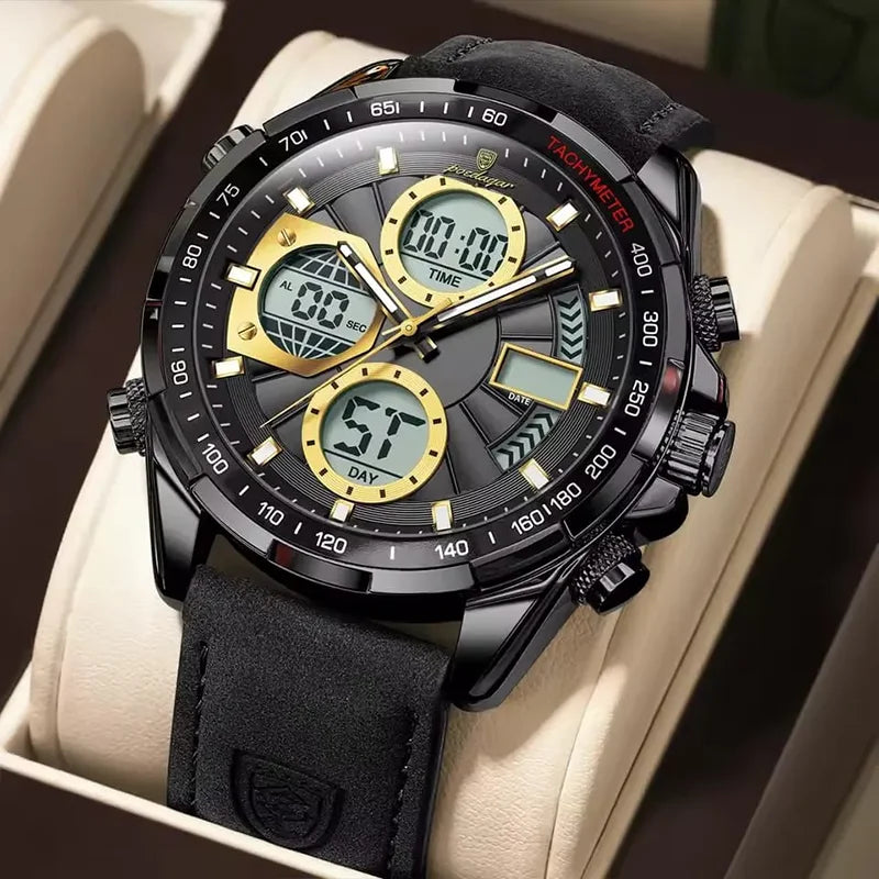 POEDAGAR E108 Men's Dual Display Leather Strap Watch