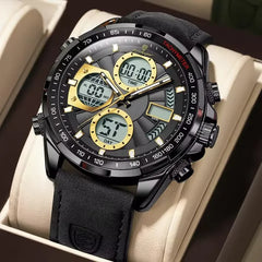 POEDAGAR E108 Men's Dual Display Leather Strap Watch