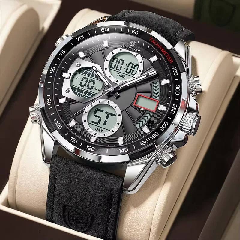 POEDAGAR E108 Men's Dual Display Leather Strap Watch