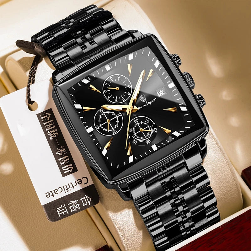 Poedagar 866 luxury square men's chronograph watch with black dial and stainless steel band, stylish men's wristwatch.